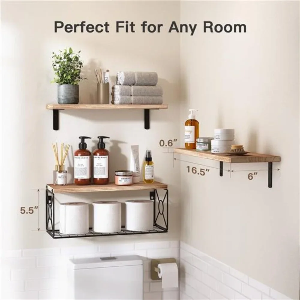 Bathroom Shelves Over Toilet with Storage Basket, Floating Shelves Wall Shelves